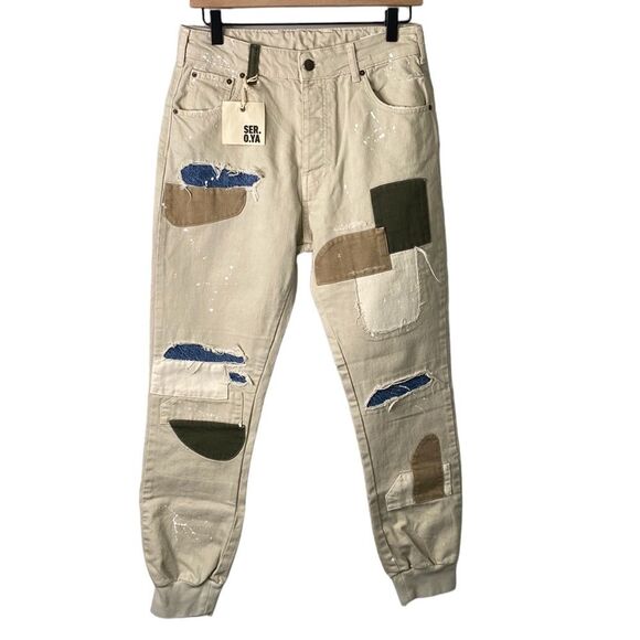 SER.O.YA Crew Pant in Cario Patch Organic Cotton Button Fly High Rise Banded Hem - Picture 3 of 16